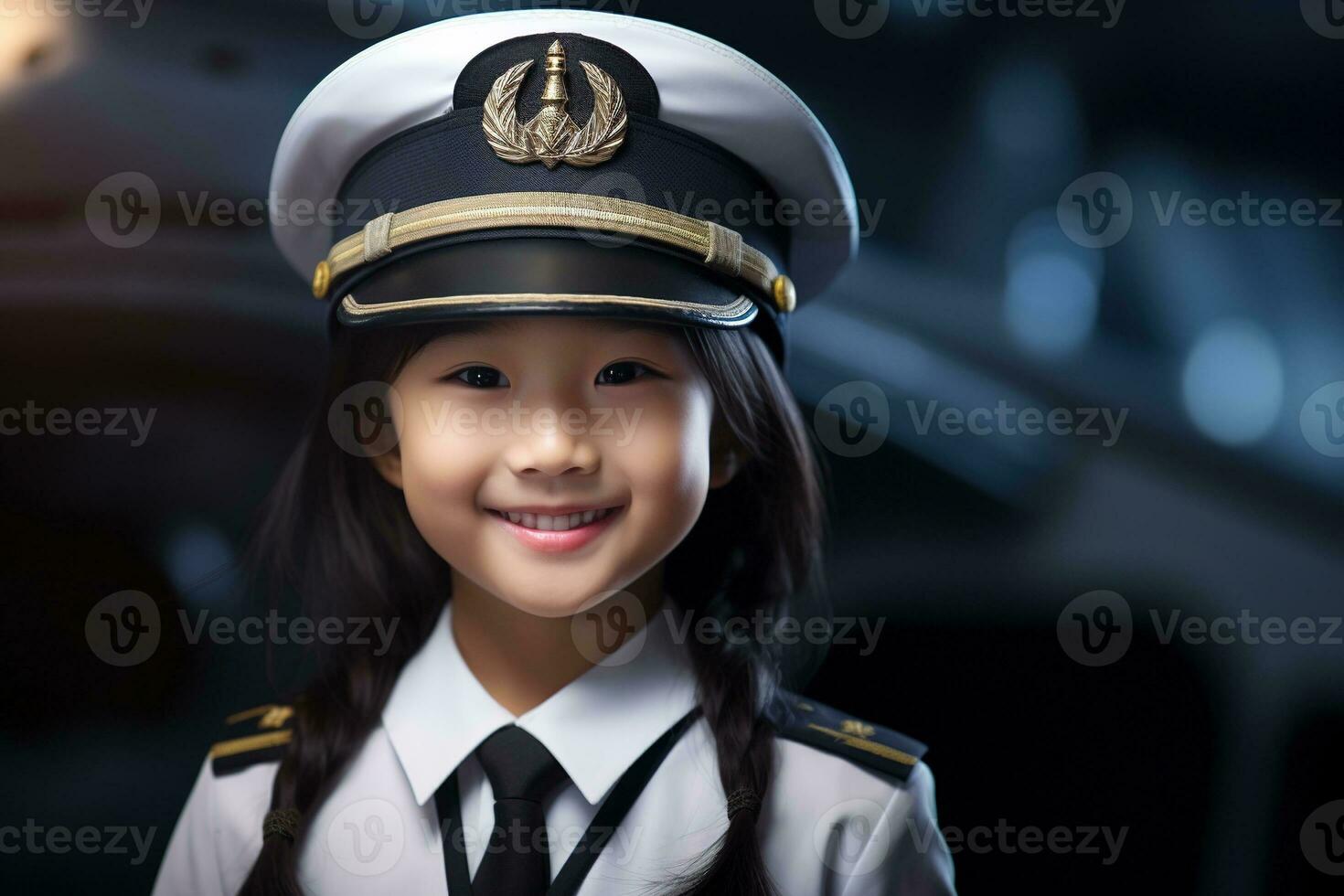 Porträt von ein süß asiatisch wenig Mädchen im ein Pilot Uniform ai generiert foto