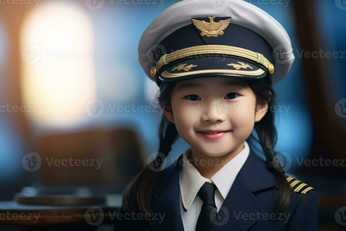 Porträt von ein süß asiatisch wenig Mädchen im ein Pilot Uniform ai generiert foto