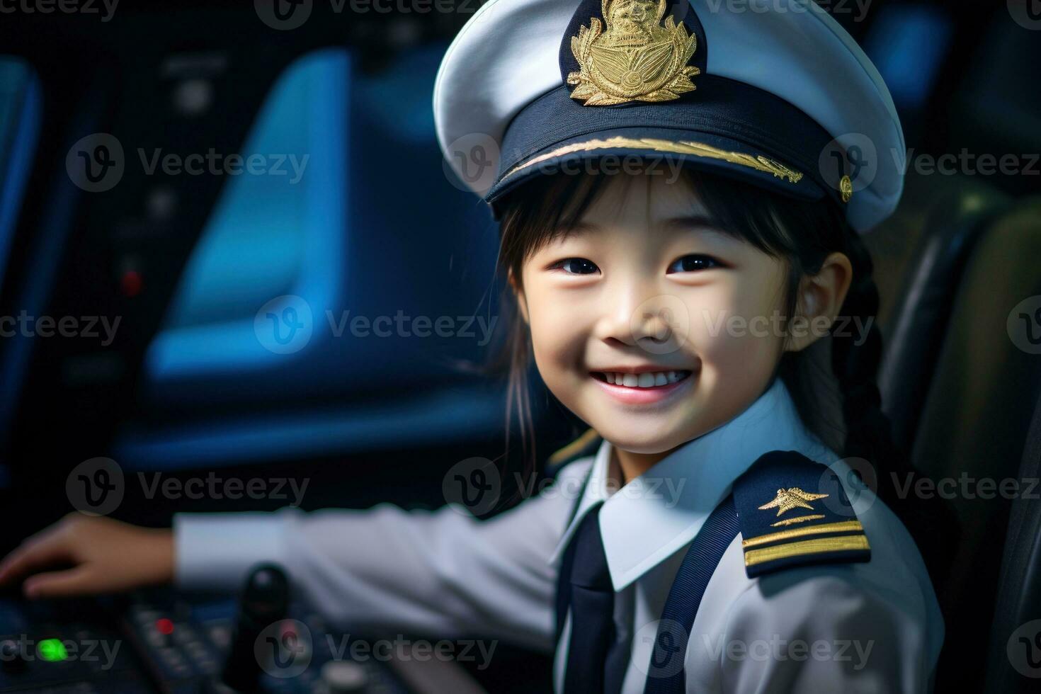 Porträt von ein süß asiatisch wenig Mädchen im ein Pilot Uniform ai generiert foto