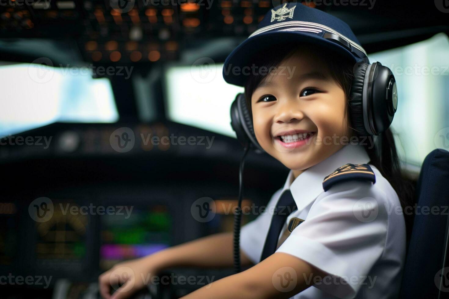 Porträt von ein süß asiatisch wenig Mädchen im ein Pilot Uniform ai generiert foto