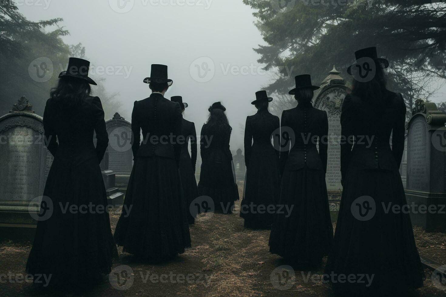 ein Gruppe von jung Menschen im ein Friedhof suchen beim das Grabsteine ai generiert foto