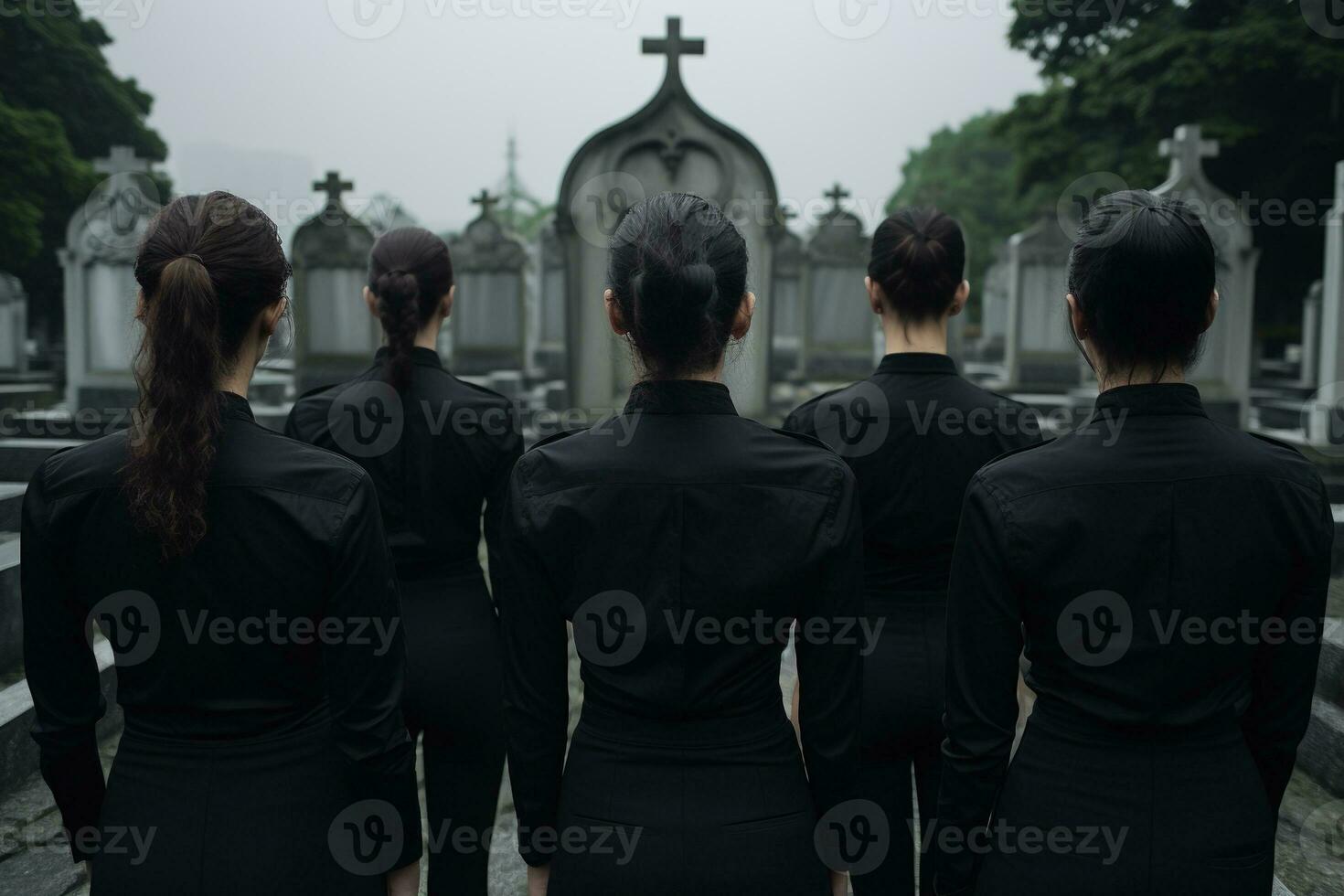 ein Gruppe von jung Menschen im ein Friedhof suchen beim das Grabsteine ai generiert foto