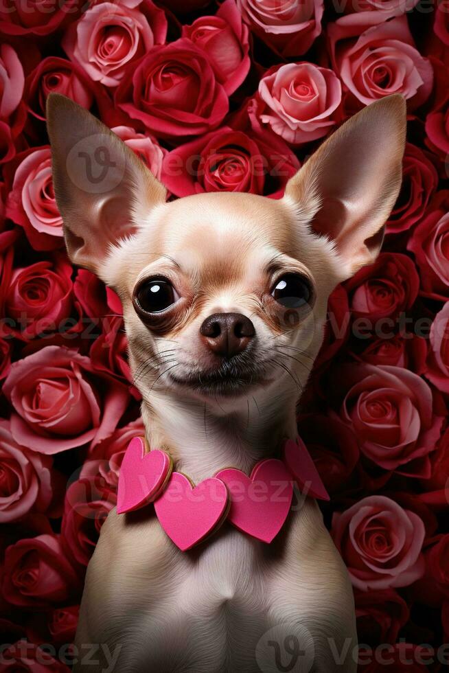 Porträt Valentinsgrüße von ein süß Chihuahua Hund mit Rosen ai generiert foto