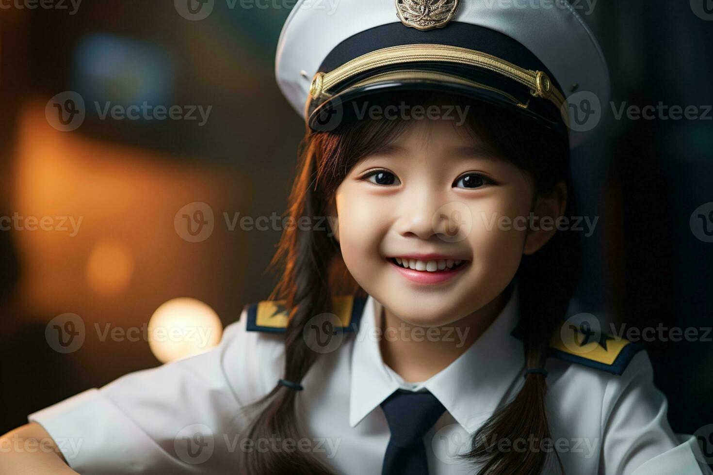 Porträt von ein süß asiatisch wenig Mädchen im ein Pilot Uniform ai generiert foto