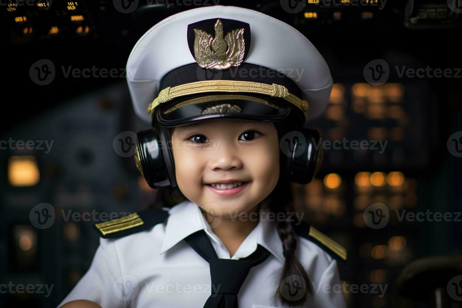 Porträt von ein süß asiatisch wenig Mädchen im ein Pilot Uniform ai generiert foto