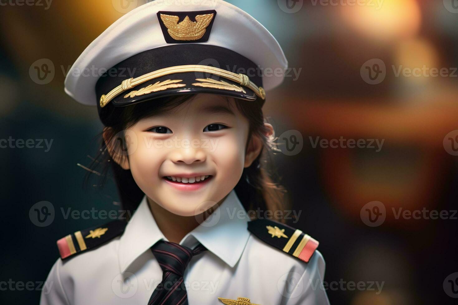 Porträt von ein süß asiatisch wenig Mädchen im ein Pilot Uniform ai generiert foto