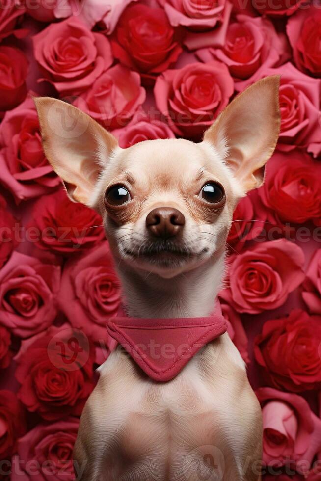 Porträt Valentinsgrüße von ein süß Chihuahua Hund mit Rosen ai generiert foto