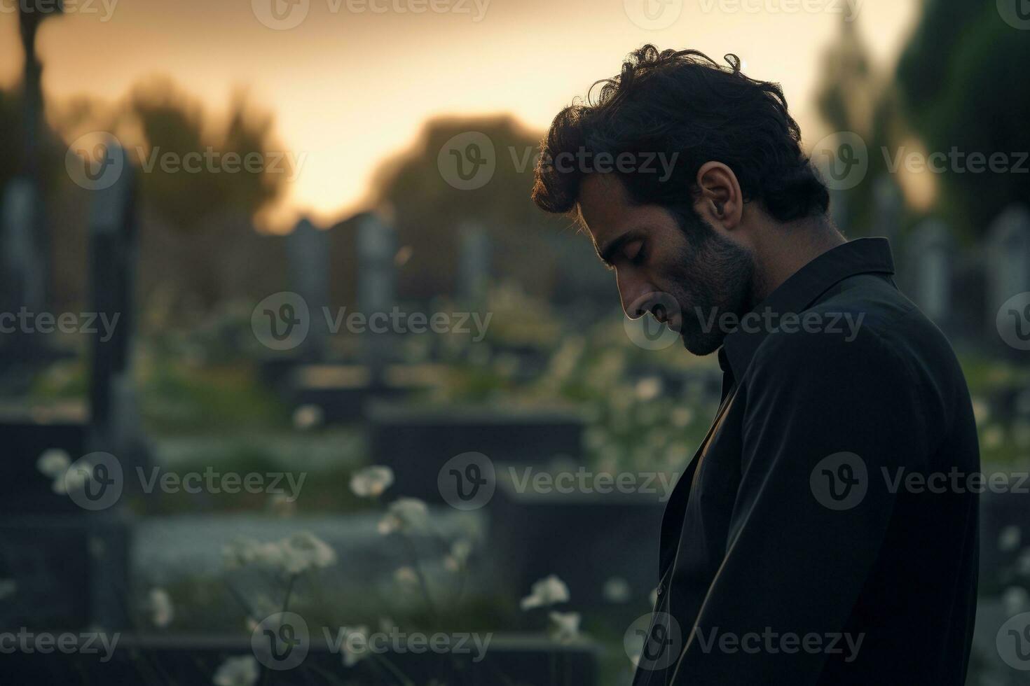 Porträt von ein traurig und deprimiert Mann im ein schwarz Mantel auf das Hintergrund von ein Friedhof.Beerdigung Konzept ai generiert foto