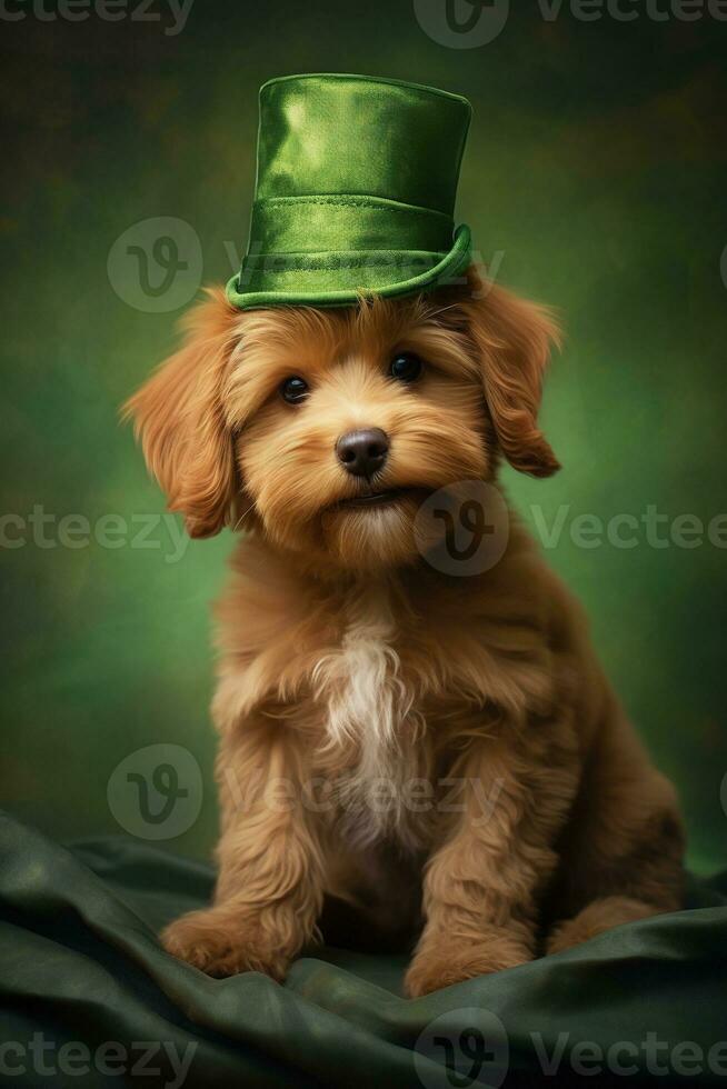 süß Hündchen im Grün oben Hut. st. Patrick's Tag. ai generiert foto