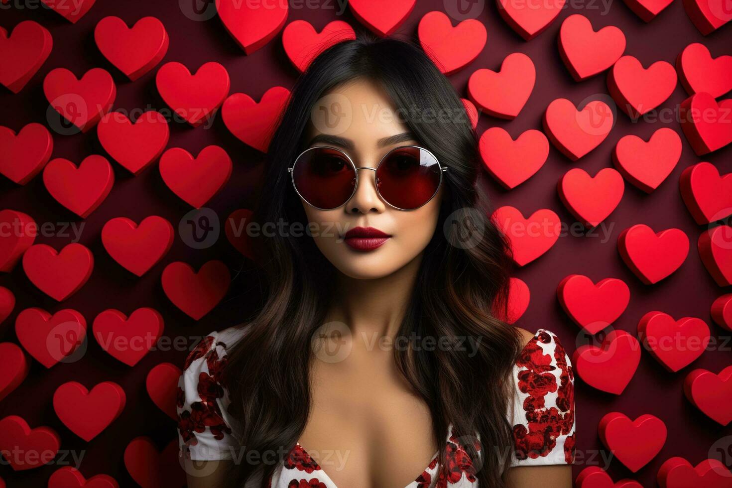 Valentinstag Tag. Porträt von schön jung asiatisch Frau im Sonnenbrille auf rot Hintergrund mit Herzen. ai generiert foto