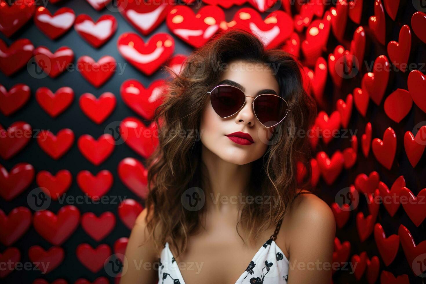 Valentinstag Tag. Porträt von schön jung Frau im Sonnenbrille auf rot Hintergrund mit Herzen. ai generiert foto