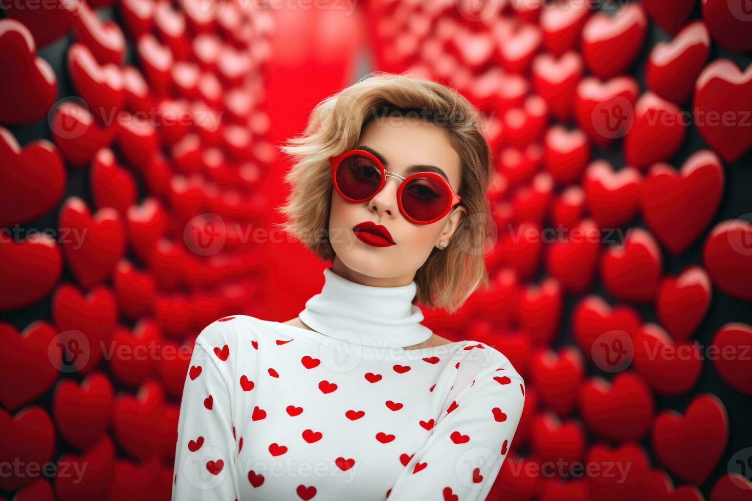 Valentinstag Tag. Porträt von schön jung Frau im Sonnenbrille auf rot Hintergrund mit Herzen. ai generiert foto