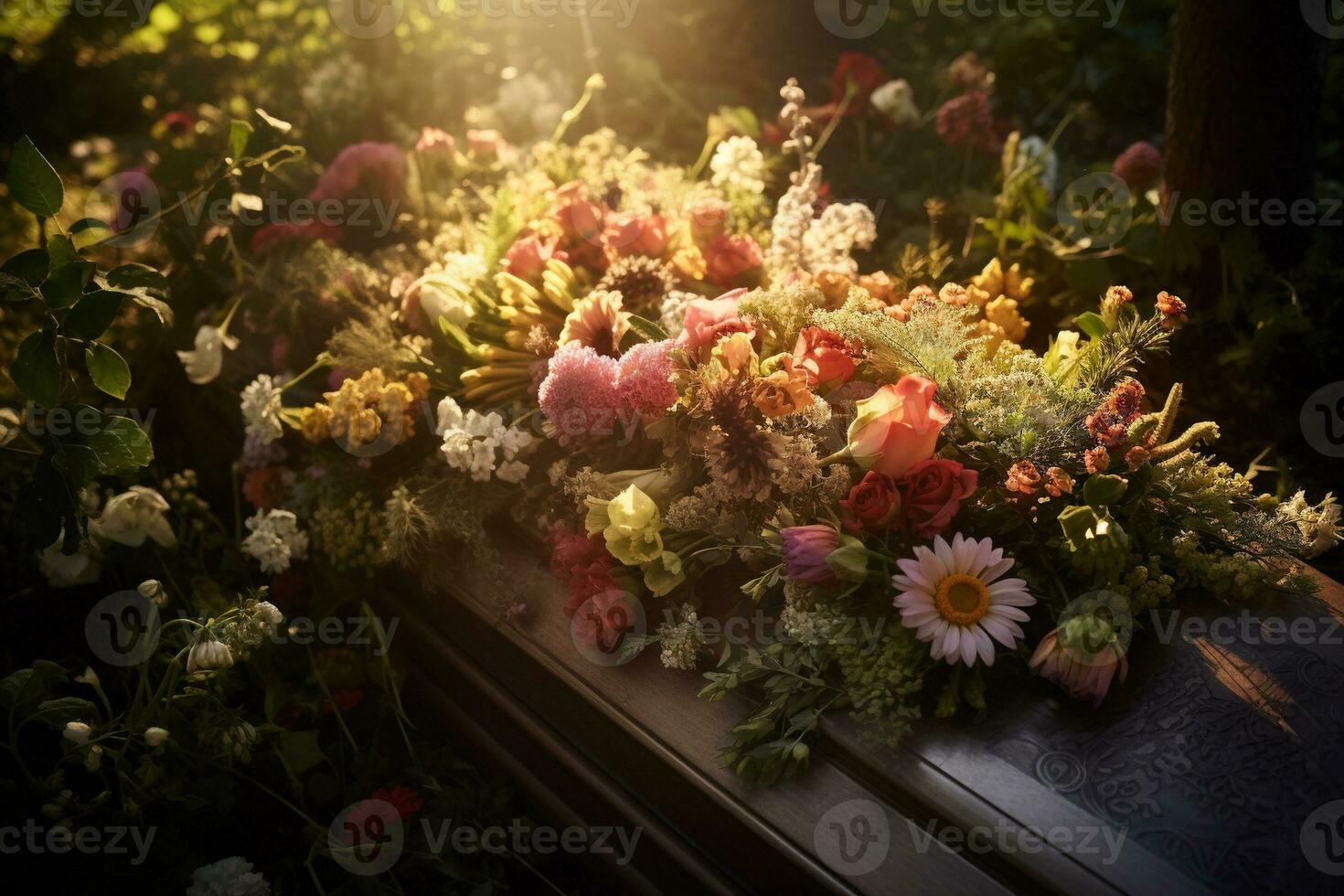 bunt Blumen auf das Grab im das Friedhof, Beerdigung Konzept. ai generiert foto