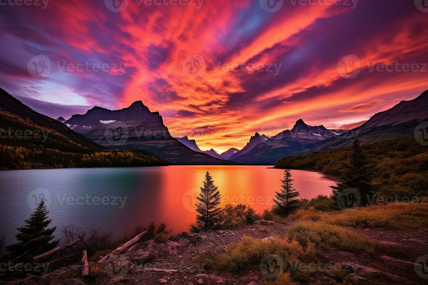 Sonnenuntergang Über Gletscher National Park, Montana, vereinigt Zustände von Amerika ai generiert foto