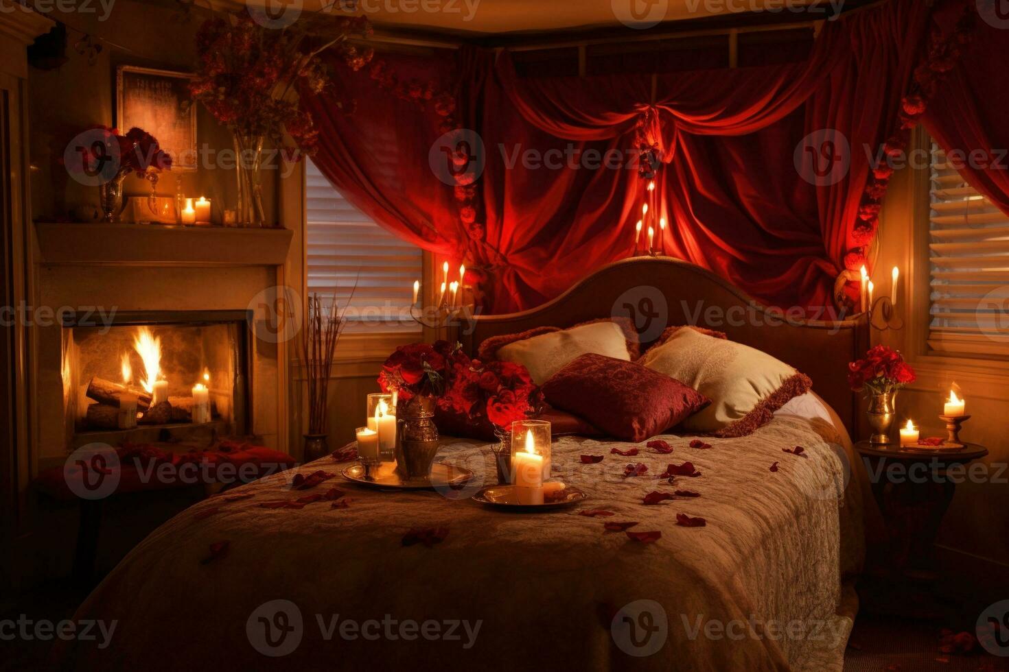 romantisch Zimmer Innere mit Rosa Vorhänge und rot Herzen. Valentinstag Tag Konzept. ai generiert foto