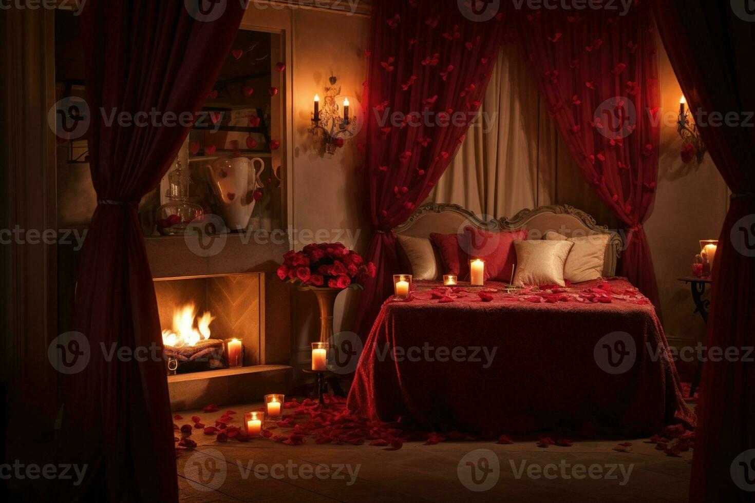 romantisch Zimmer Innere mit Rosa Vorhänge und rot Herzen. Valentinstag Tag Konzept. ai generiert foto