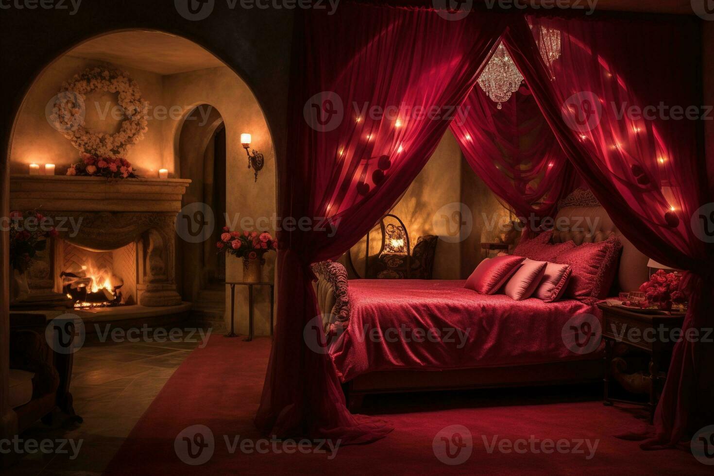 romantisch Zimmer Innere mit Rosa Vorhänge und rot Herzen. Valentinstag Tag Konzept. ai generiert foto