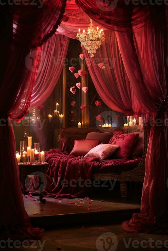 romantisch Zimmer Innere mit Rosa Vorhänge und rot Herzen. Valentinstag Tag Konzept. ai generiert foto