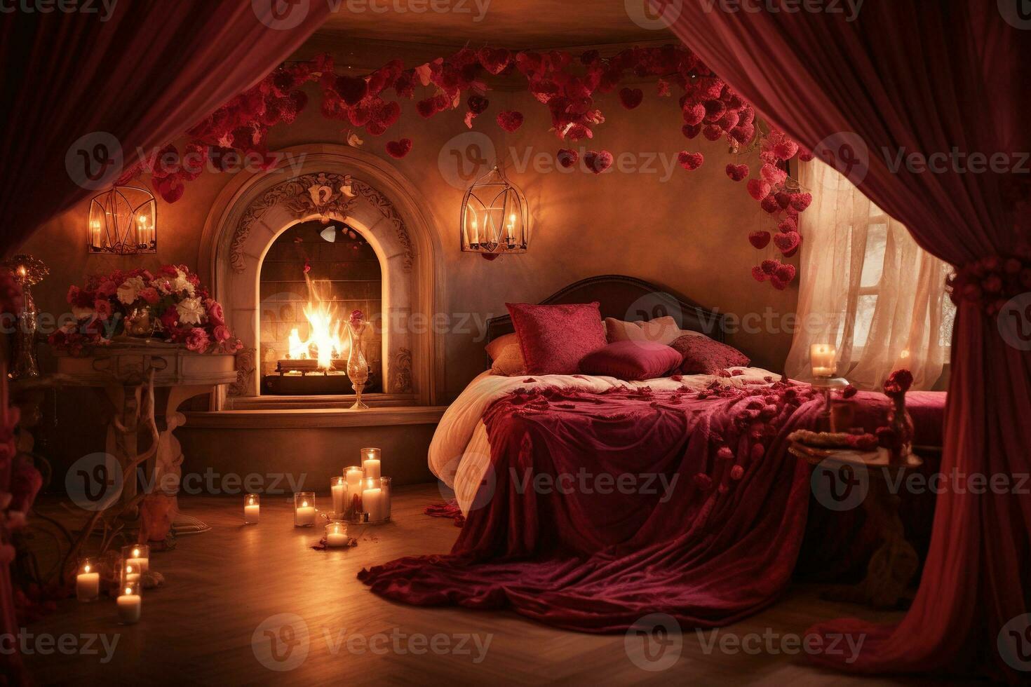 romantisch Zimmer Innere mit Rosa Vorhänge und rot Herzen. Valentinstag Tag Konzept. ai generiert foto