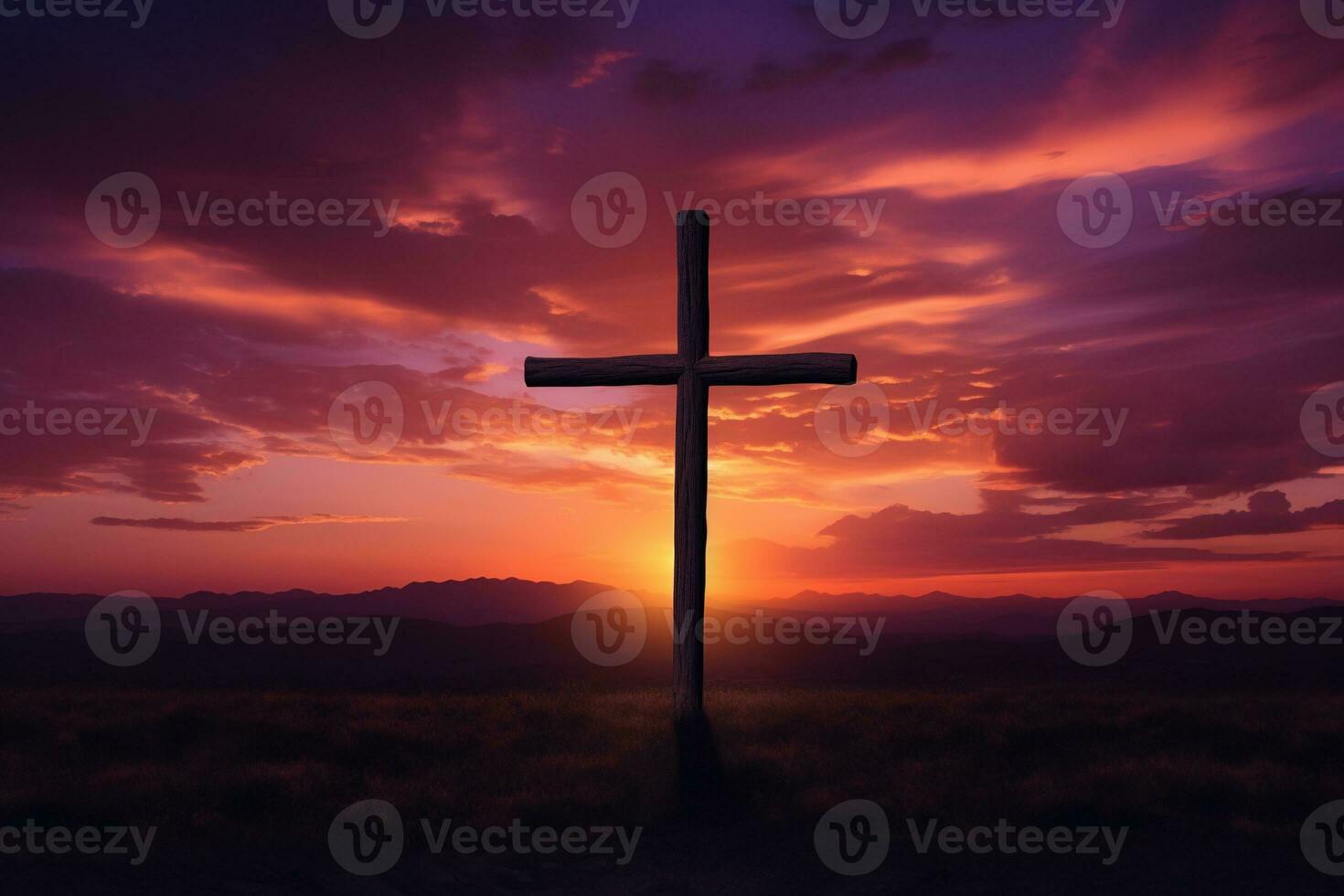 Konzept oder konzeptionelle Holz Kreuz oder Religion Symbol gestalten Über ein Sonnenuntergang Himmel Hintergrund Banner ai generiert foto