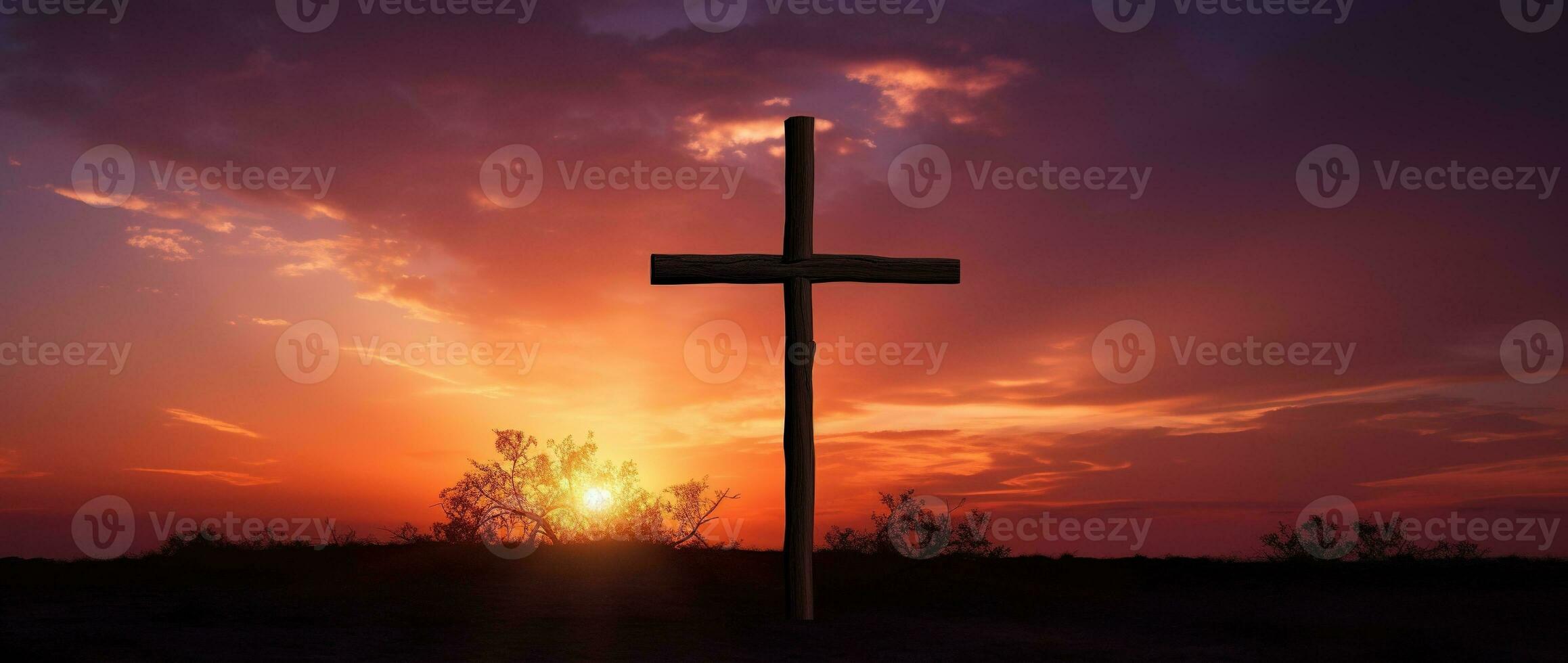 Konzept oder konzeptionelle Holz Kreuz oder Religion Symbol gestalten Über ein Sonnenuntergang Himmel Hintergrund Banner ai generiert foto