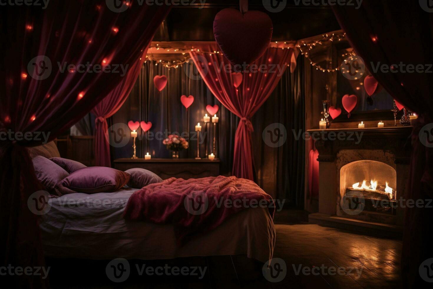 romantisch Zimmer Innere mit Rosa Vorhänge und rot Herzen. Valentinstag Tag Konzept. ai generiert foto