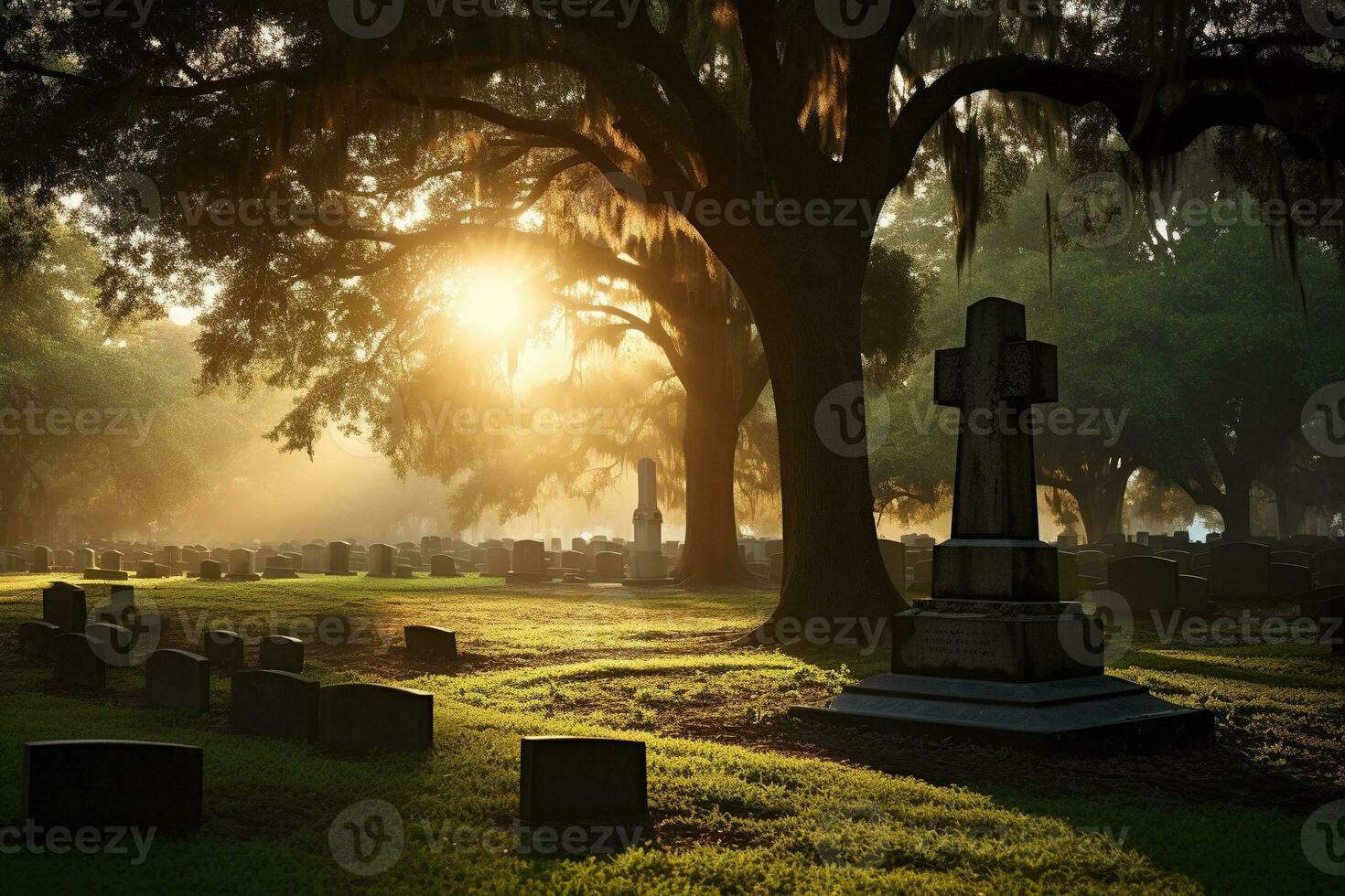 Grabsteine im ein Friedhof beim Sonnenaufgang ai generiert foto