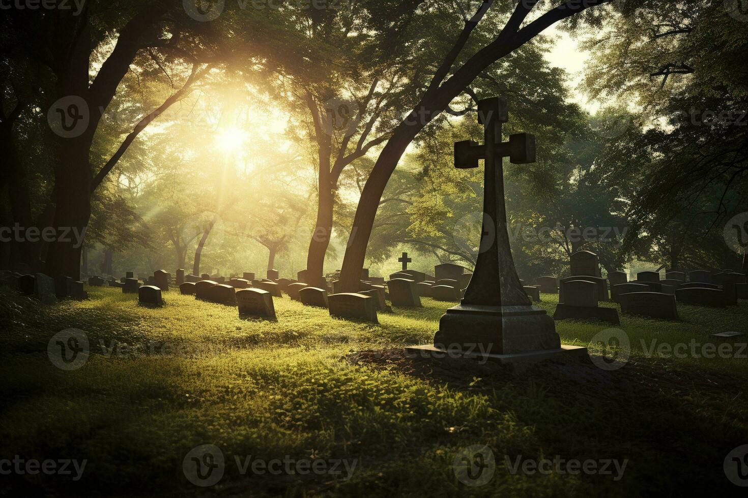 Grabsteine im ein Friedhof beim Sonnenaufgang ai generiert foto