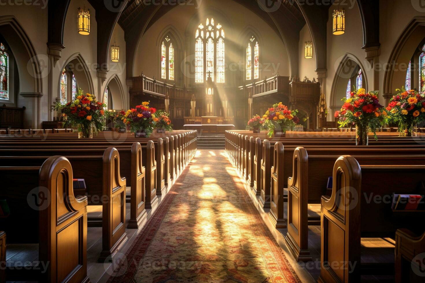 Innere von ein Kirche mit ein Menge von Blumen im das Vordergrund.Beerdigung Konzept ai generiert foto