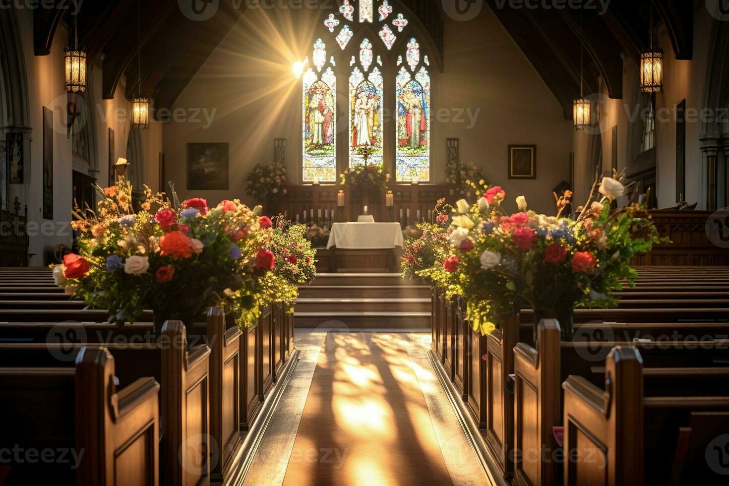 Innere von ein Kirche mit ein Menge von Blumen im das Vordergrund.Beerdigung Konzept ai generiert foto