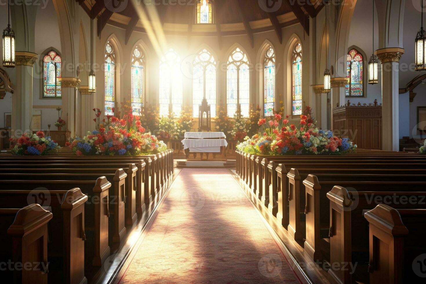 Innere von ein Kirche mit ein Menge von Blumen im das Vordergrund.Beerdigung Konzept ai generiert foto