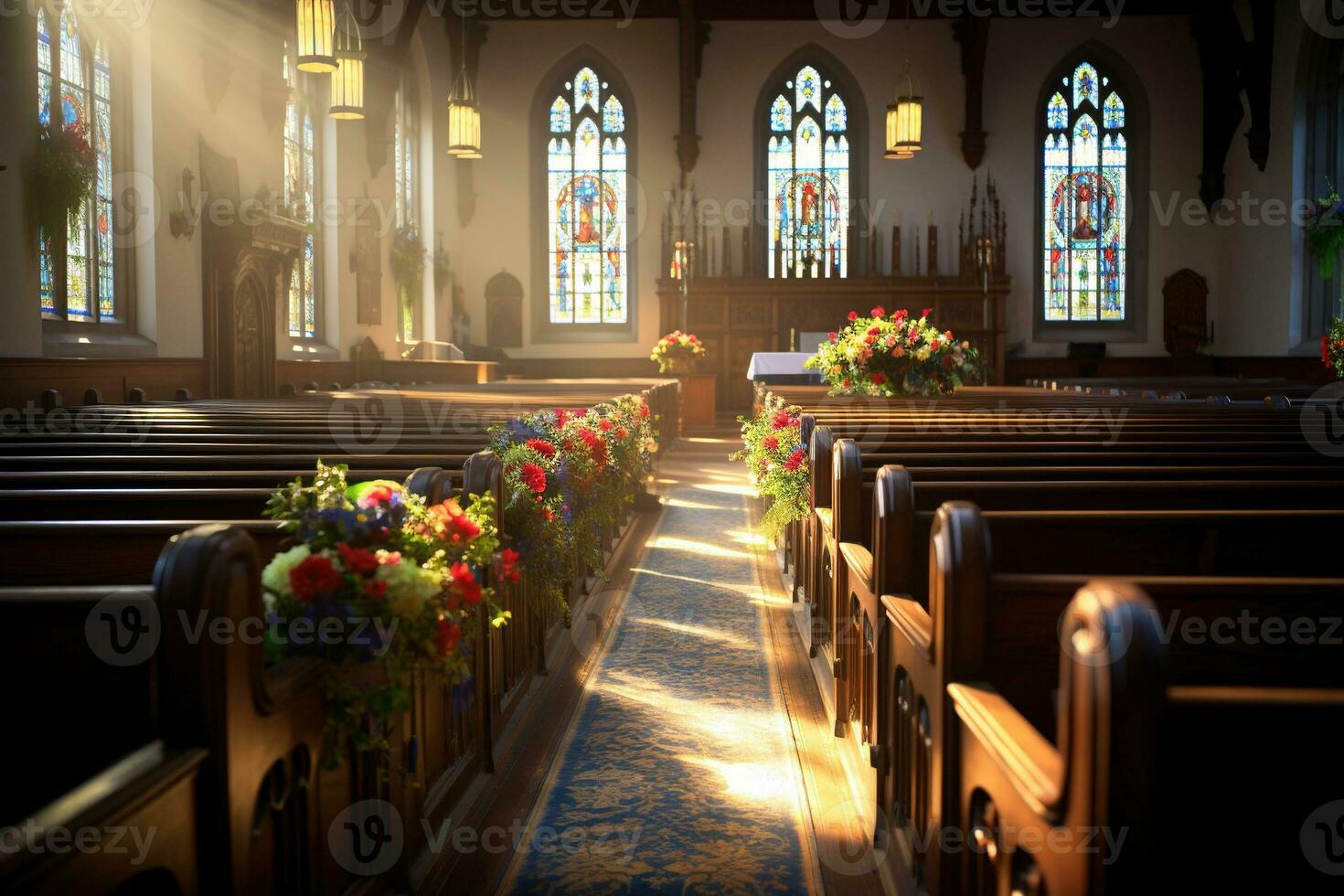 Innere von ein Kirche mit ein Menge von Blumen im das Vordergrund.Beerdigung Konzept ai generiert foto