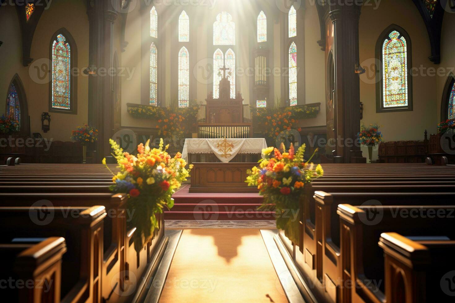 Innere von ein Kirche mit ein Menge von Blumen im das Vordergrund.Beerdigung Konzept ai generiert foto