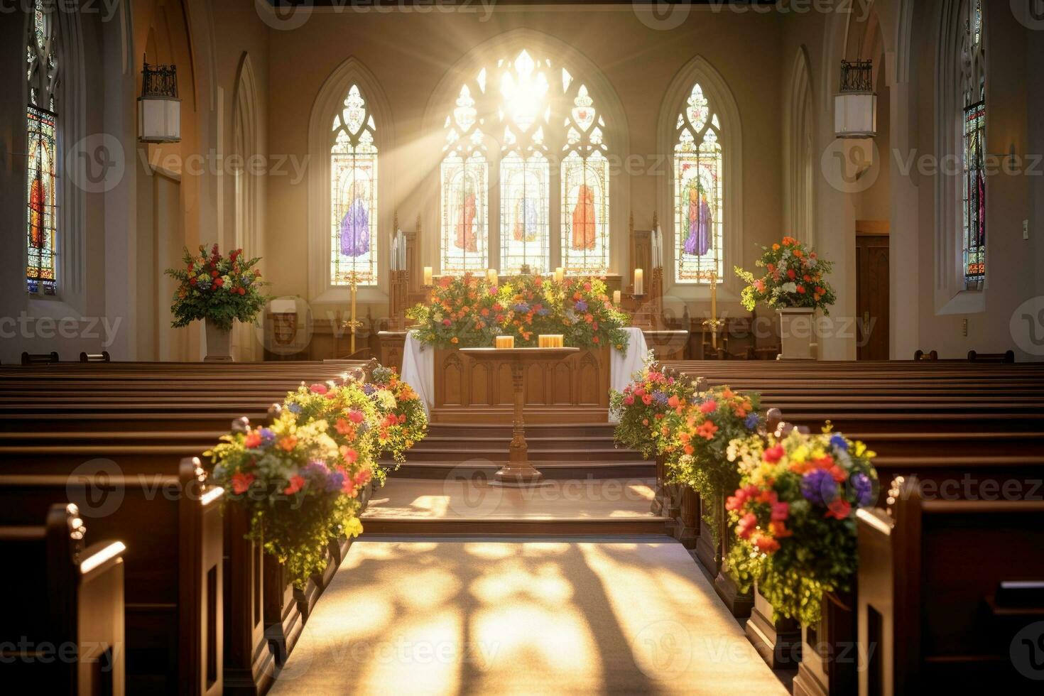 Innere von ein Kirche mit ein Menge von Blumen im das Vordergrund.Beerdigung Konzept ai generiert foto