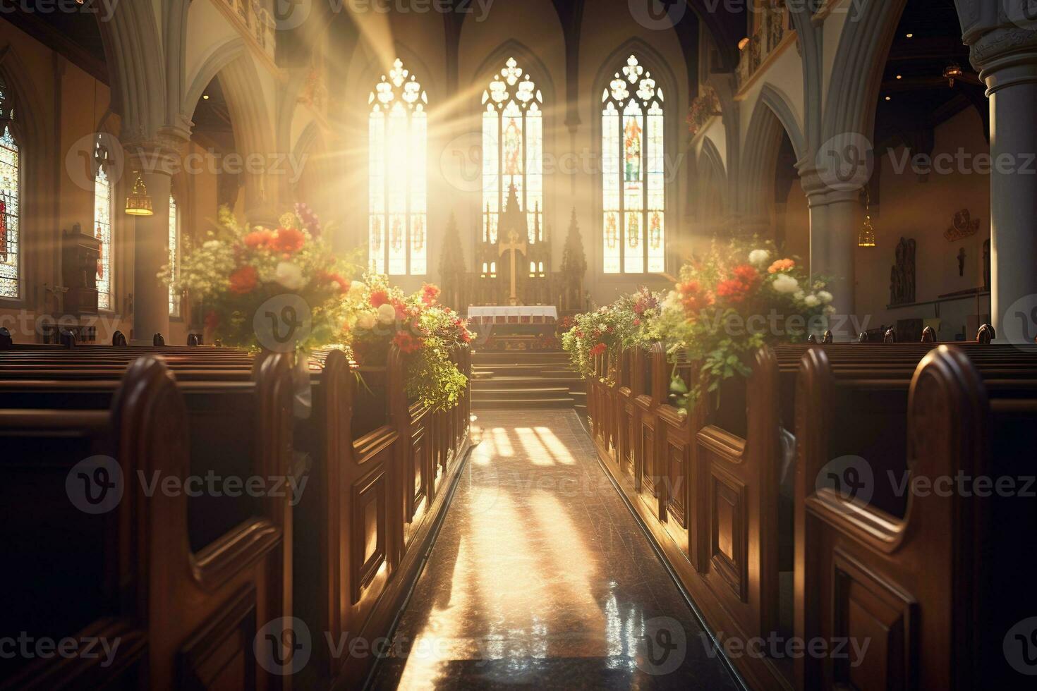 Innere von ein Kirche mit ein Menge von Blumen im das Vordergrund.Beerdigung Konzept ai generiert foto