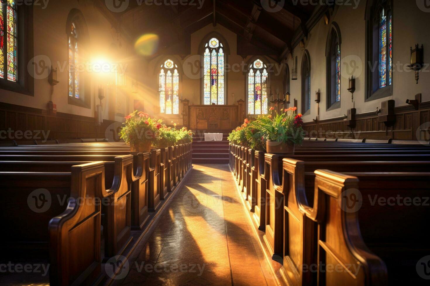 Innere von ein Kirche mit ein Menge von Blumen im das Vordergrund.Beerdigung Konzept ai generiert foto