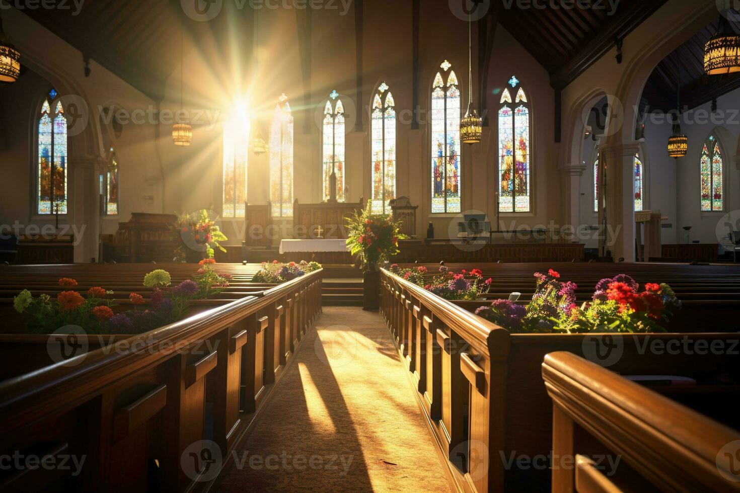 Innere von ein Kirche mit ein Menge von Blumen im das Vordergrund.Beerdigung Konzept ai generiert foto