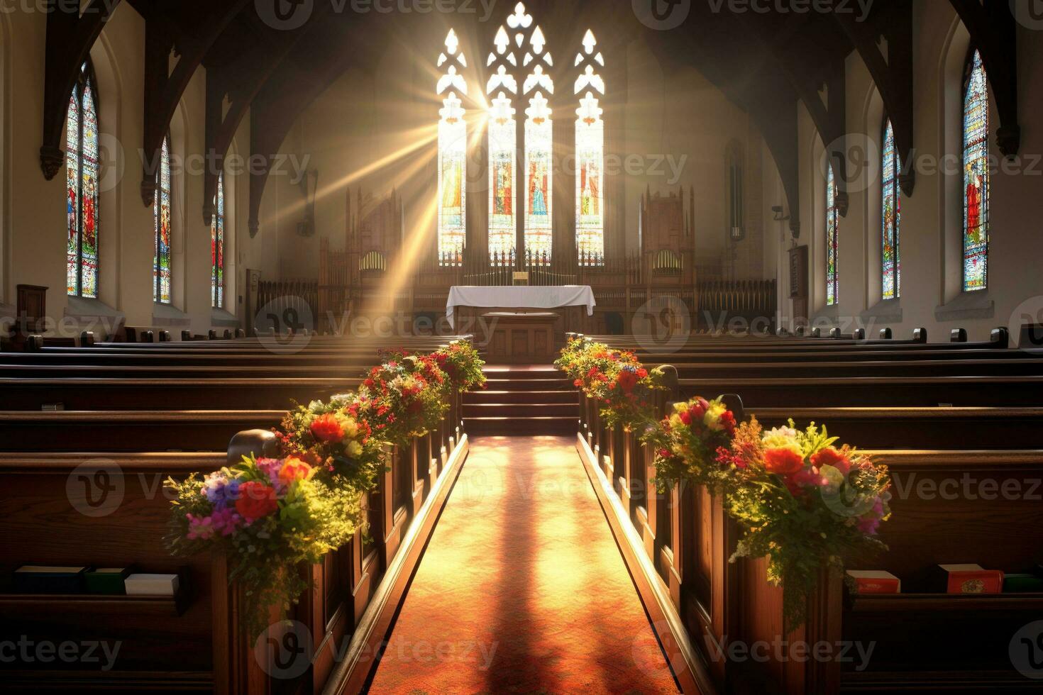 Innere von ein Kirche mit ein Menge von Blumen im das Vordergrund.Beerdigung Konzept ai generiert foto