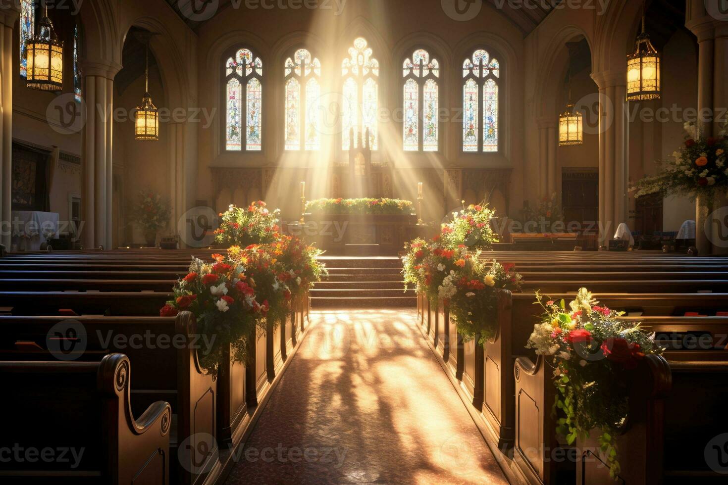 Innere von ein Kirche mit ein Menge von Blumen im das Vordergrund.Beerdigung Konzept ai generiert foto