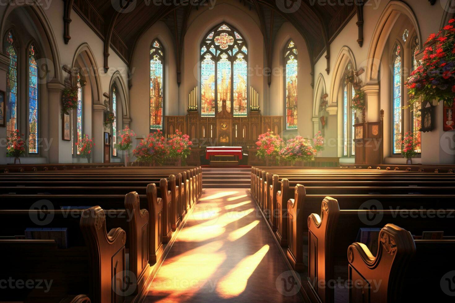 Innere von ein Kirche mit ein Menge von Blumen im das Vordergrund.Beerdigung Konzept ai generiert foto
