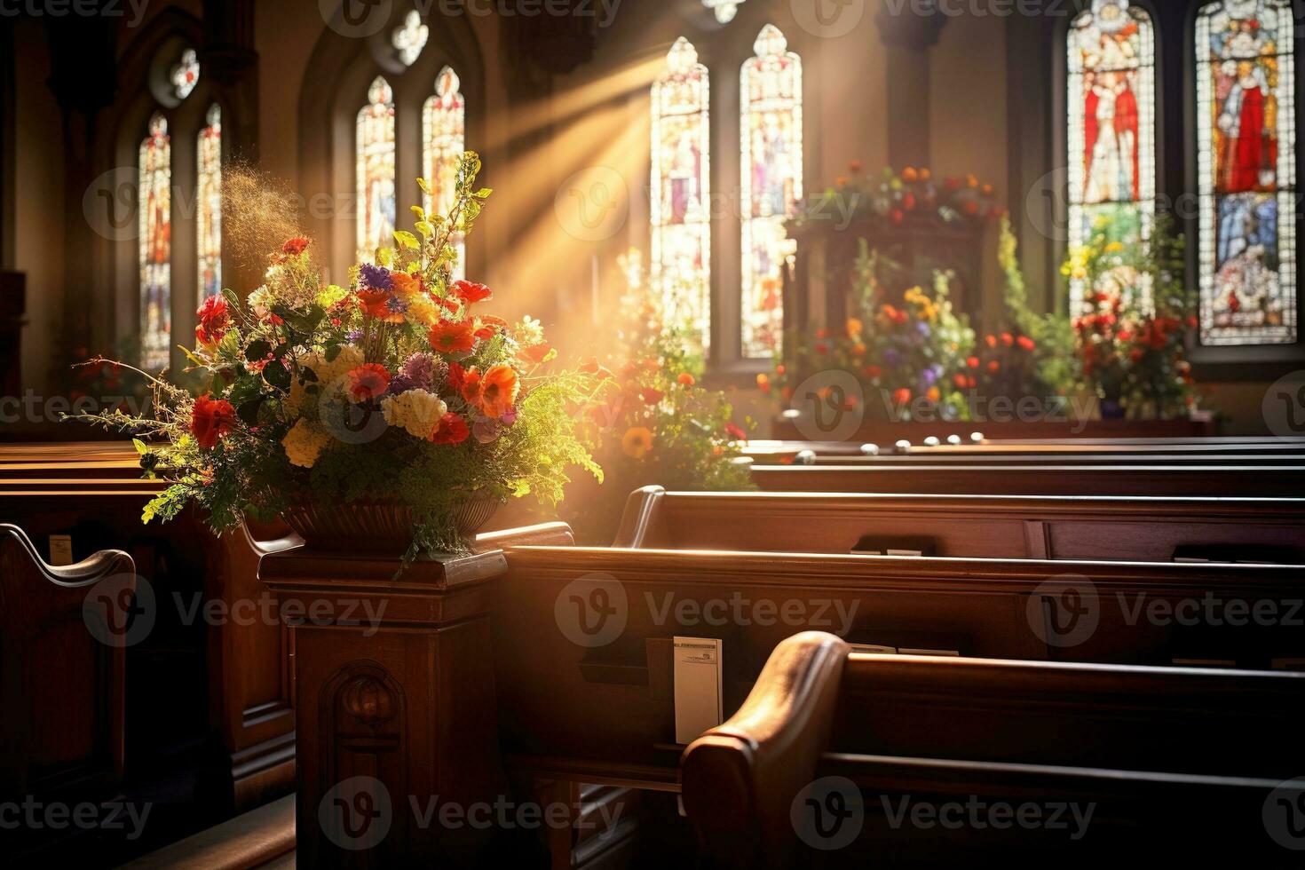 Innere von ein Kirche mit ein Menge von Blumen im das Vordergrund.Beerdigung Konzept ai generiert foto