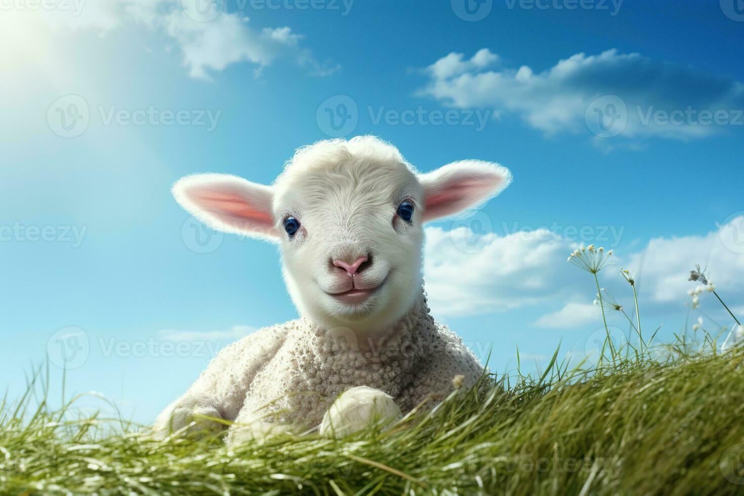 süß Lamm auf Grün Gras unter Blau Himmel mit Weiß Wolken. ai generiert foto