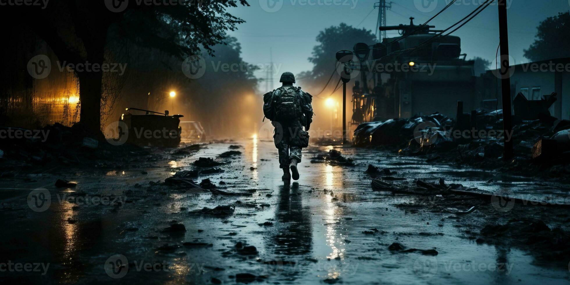 Krieg Konzept. Militär- Silhouetten Kampf Szene auf Krieg Nebel Himmel Hintergrund. ai generiert. foto