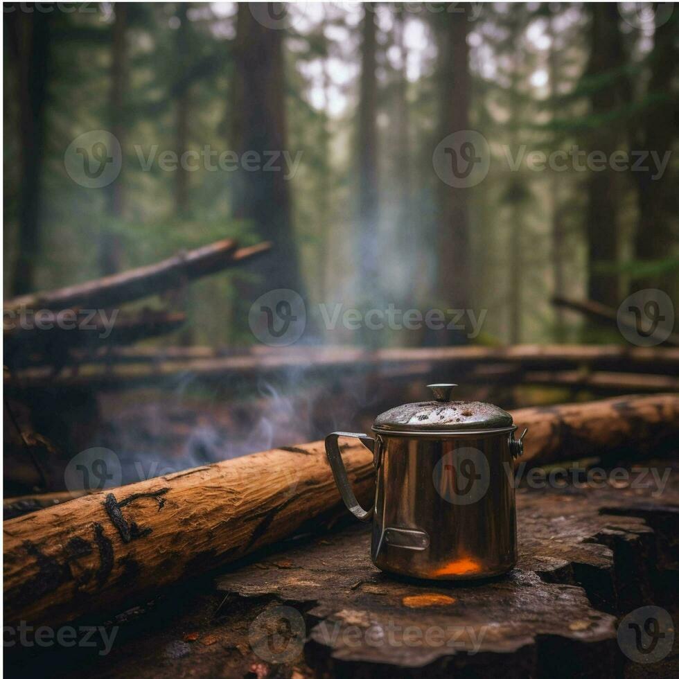 Camping Becher durch das Feuer generiert mit ai foto