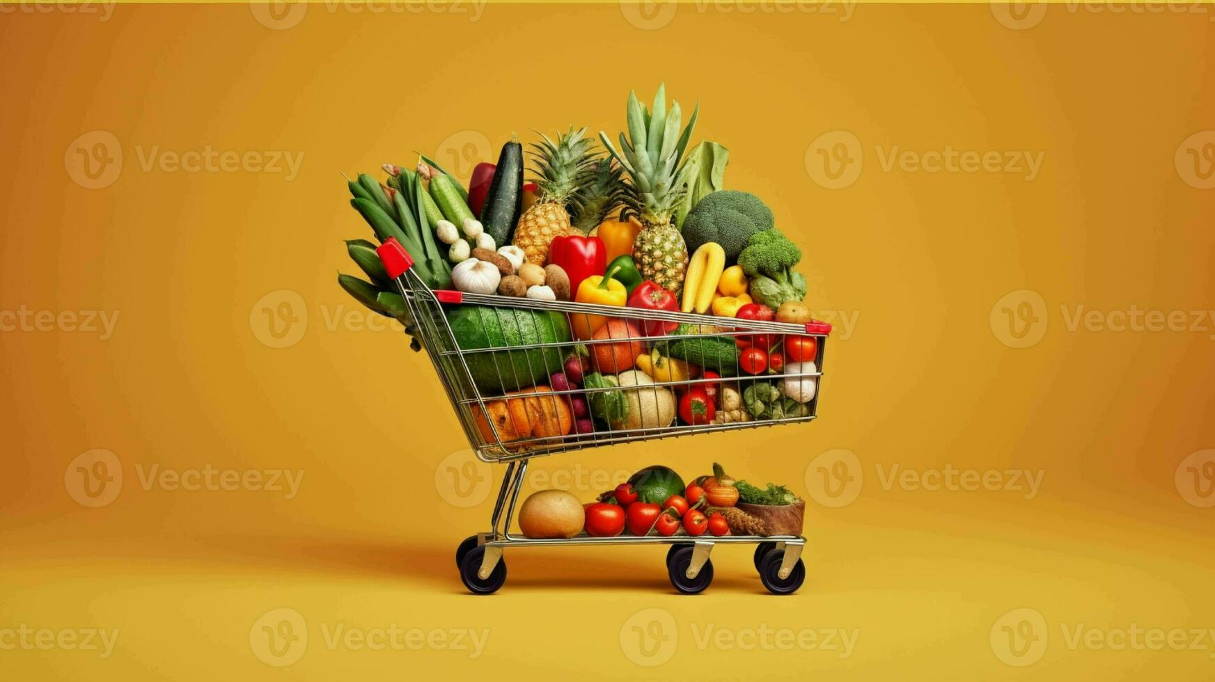 ein Einkaufen Wagen voll von frisch Früchte und Gemüse generiert mit ai foto