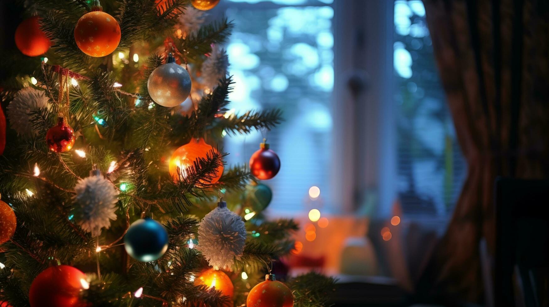 ein Weihnachten Baum ist dekoriert mit bunt Ornamente. ai generiert foto