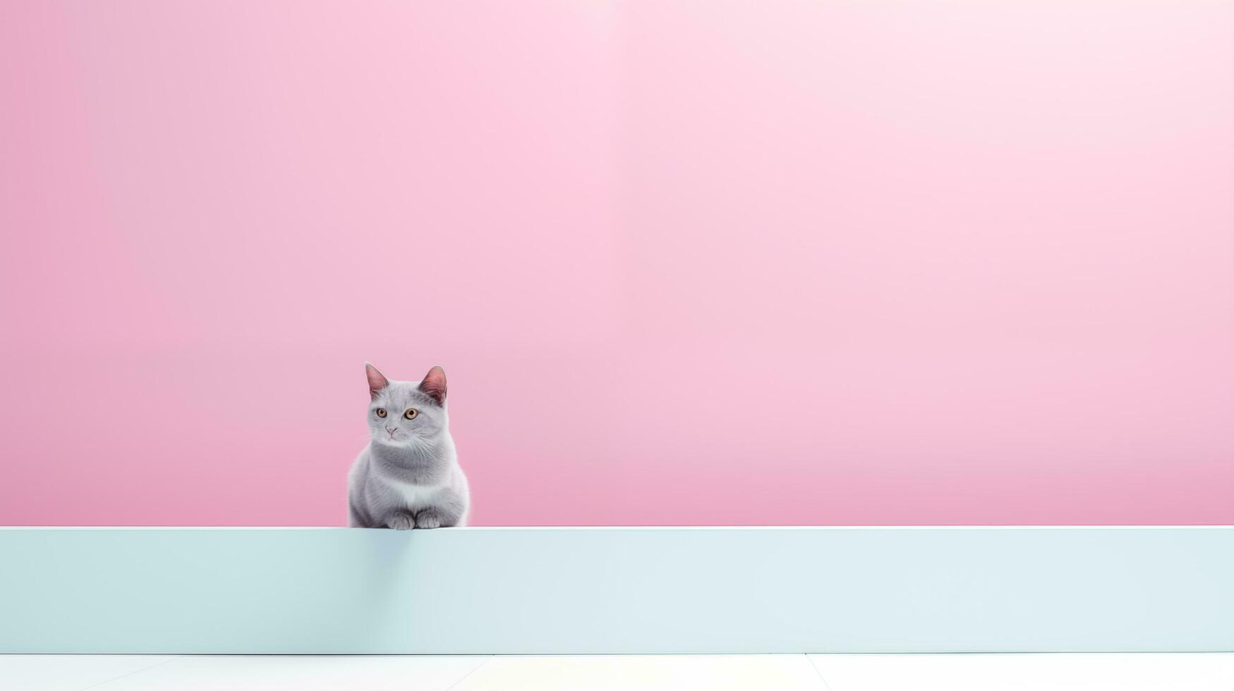 Katze Sitzung auf das Kante von ein Pastell- Mauer. ai generiert foto