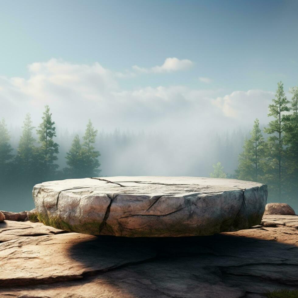 ai generiert Holz und Stein Scheibe runden Rabatt Podium mit Berg Hintergrund Podium im Wald zum Produkt Präsentation foto