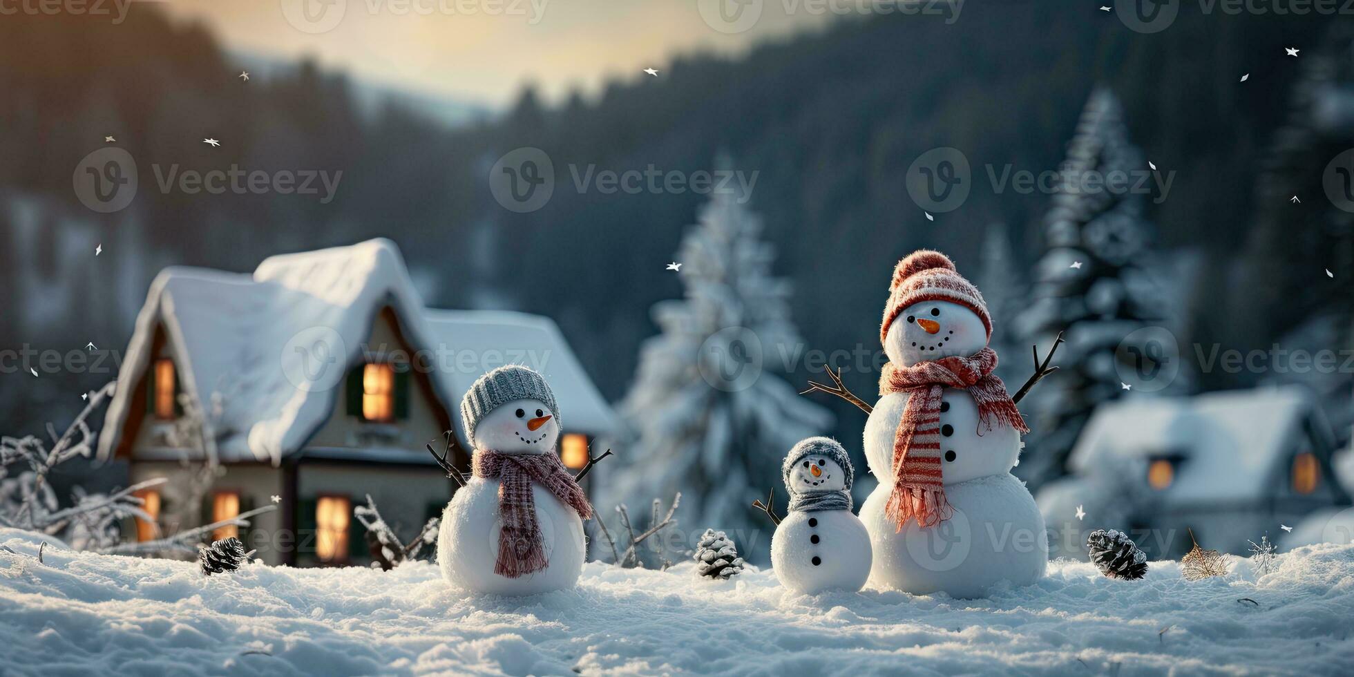 ein süß lächelnd Schneemann im das größte von das Schnee mit ein Hintergrund. Bokeh ein Weihnachten Baum und Haus das Berg. es ist ein verschwommen Hintergrund. generativ ai foto