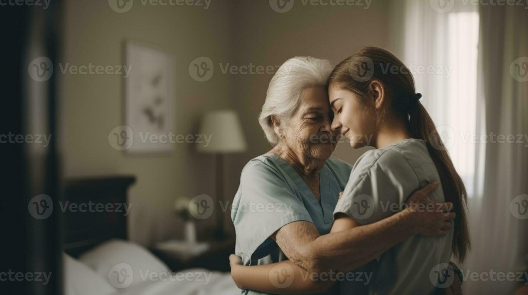 zwei Frauen Umarmen im ein Zimmer. Alten Pflege Konzept. generativ ai foto